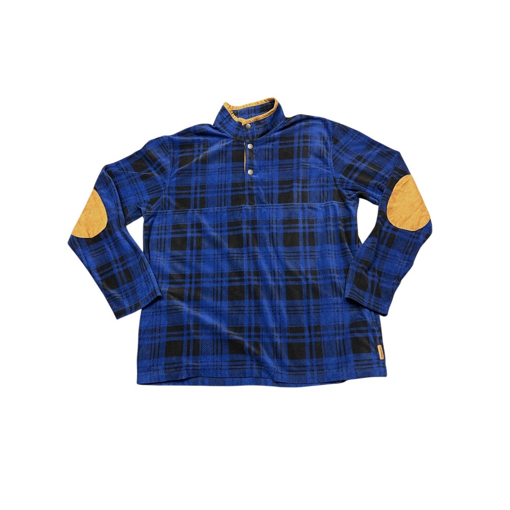 CHAPS Mens Plaid Fleece Pullover Shirt Blue Black Elbow Patch Size XL